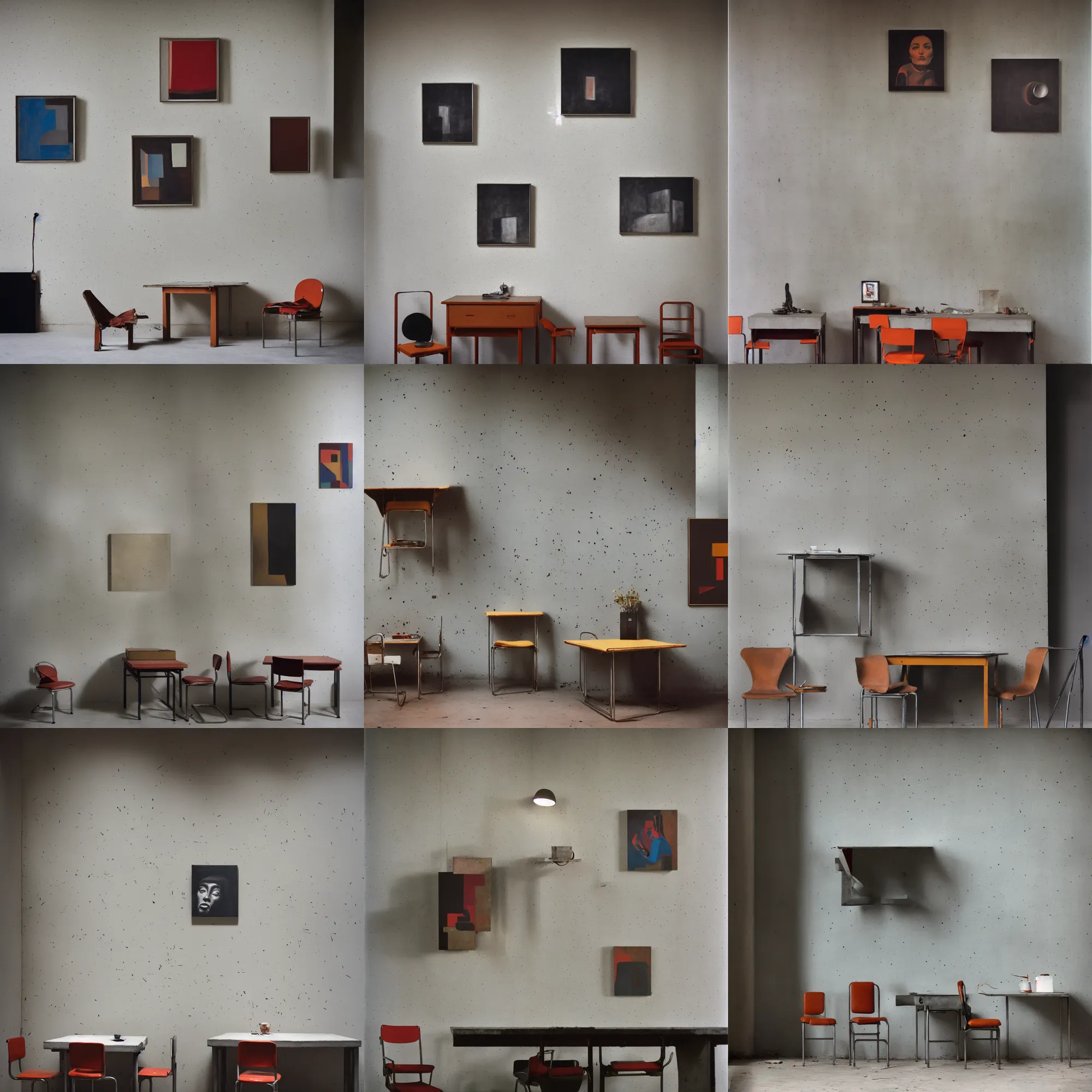 Prompt: kodak portra 4 0 0, 8 k, wide flashlight shot of a highly detailed, britt marling style, award winning colour still - life portrait of a large brutalism bauhaus room with rough concrete walls, a square picasso painting, a 1 9 6 0 s metal table and metal chair, some square paintings