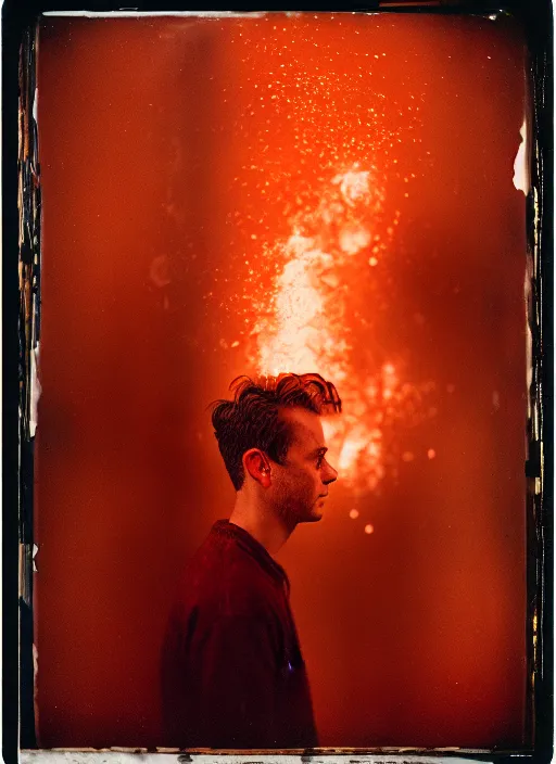 Prompt: kodak portra 4 0 0, wetplate, 8 k, shot of a highly detailed boyfriend explosion accident osmium copper rust flash spark