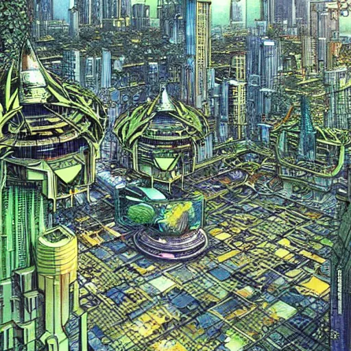 prompthunt: solarpunk city with multiple levels of buildings and sprawling  center with a big statue