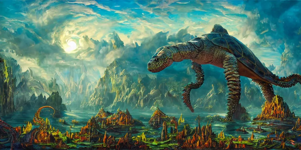 Image similar to fantasy oil painting, great leviathan, cybernetic turtle cephalopod terrapin reptilian pachyderm squid, bella hadid, hybrid, milla jovovich, anubis, epic natural light, lush plants flowers, spectacular mountains, bright clouds, luminous sky, outer worlds, golden hour, michael cheval, edward hopper, michael whelan, vray, hd