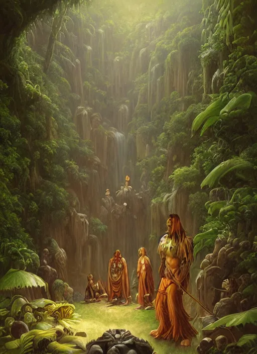 Prompt: ancestors protecting a shaman in the jungle, old faces in the jungle, art by christophe vacher