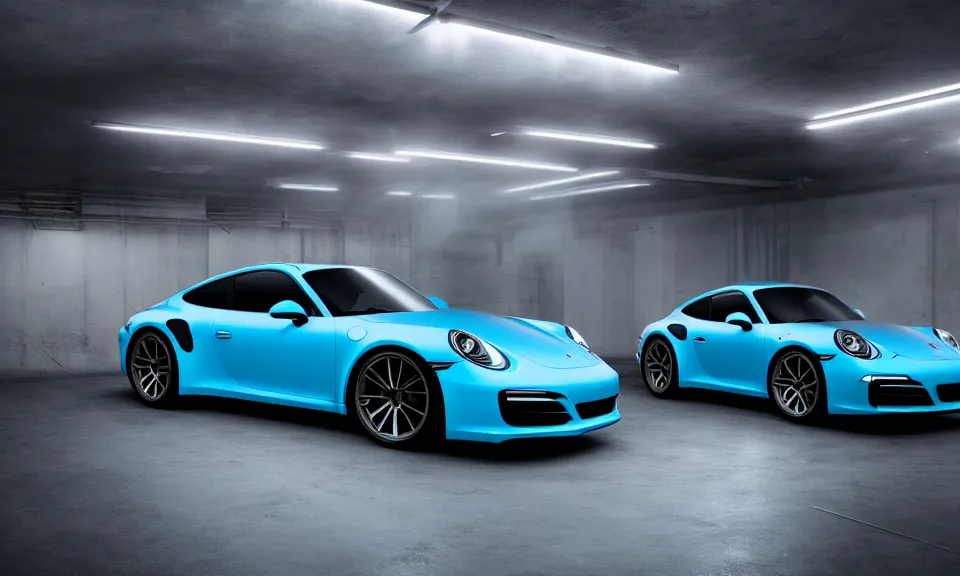 Prompt: photograph of a blue porsche 911 standing in a garage, centered, mist, volumetric light, cinematic lighting, octane render, 4k, ultra realistic