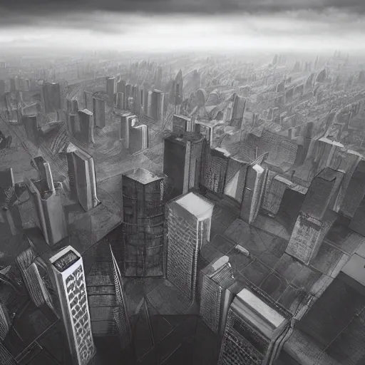 Image similar to surreal brutalist cityscape emerges from clouds below, moody, vast, uncaring