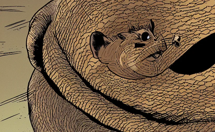 Image similar to incredible eye catching comic panel showing a desert mouse riding a sandworm of the deep desert, close up shot of the mouse's face struggling to steer the beast