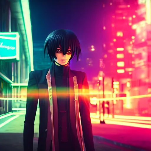 Image similar to Lelouch Lamperouge in a neon city, octane render 8k, atmospheric render, myserious man, professional render, volumetric light, redshift render, eccentric Lelouch vi Britannia, bokeh effect, detailed face