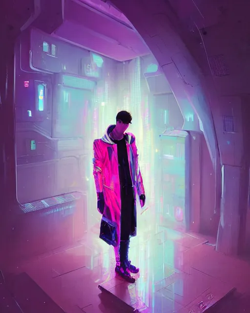 Prompt: detailed portrait of European Pretty Pale Guy Sheen Holographic Jacket coat, Futuristic sci-fi fashion, royal attire Akira, Evangelion, cyberpunk, neotokyo, synthwave, aesthetics, futuristic, low-emission-neon, bladerunner movie scene by ismail inceoglu dragan bibin hans thoma greg rutkowski Alexandros Pyromallis Nekro Rene Margitte illustrated Perfect face, fine details, realistic shaded, fine-face, pretty face sharp chine