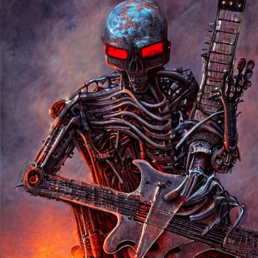 Image similar to death robot shredding guitar, standing in ruined burning street by Yoshitaka Amano, by HR Giger, biomechanical, 4k, hyper detailed, hyperrealism, anime, a Blood Moon rising on a Broken World, deviantart, artstation