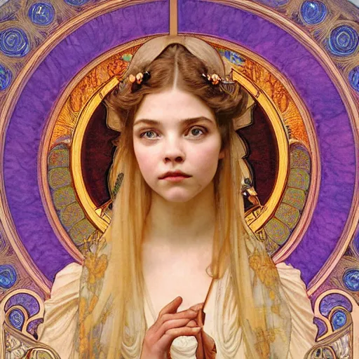Prompt: detailed portrait art nouveau painting of the goddess of the sun who resembles Anya Taylor Joy, Chloe Grace Moretz, and Emma Watson in a art nouveau cathedral by Alphonse Mucha, Michael Whelan, William Adolphe Bouguereau, John Williams Waterhouse,