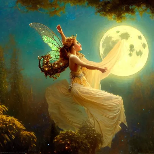 Prompt: attractive fairy queen fly high in the night, fantasy, full moon in background. hyper detailed painting by gaston bussiere, craig mullins, j. c. leyendecker, mid shot, 8 k, cryengone, cinematic lighting, beautiful,