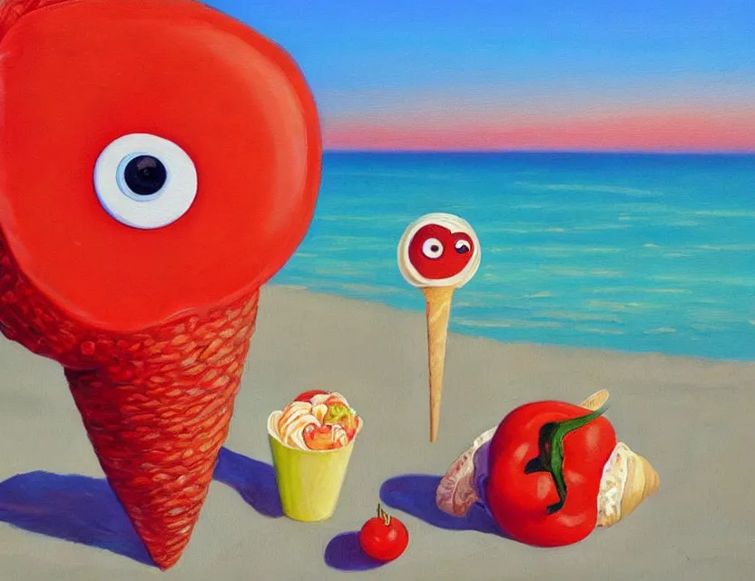 Prompt: a painting of a lazy red tomato with googly eyes on a sunny beach eating ice cream, a sunset by james jean, no human figuration or portrait