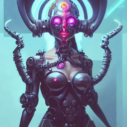 Image similar to a portrait of a nubile cybernetic duchess of hell, cyberpunk concept art by pete mohrbacher and wlop and artgerm and josan gonzales and jean claude meziere and syd mead and moebius, trending on artstation, unreal engine, highly detailed, intricate, sharp focus, digital art, 8 k