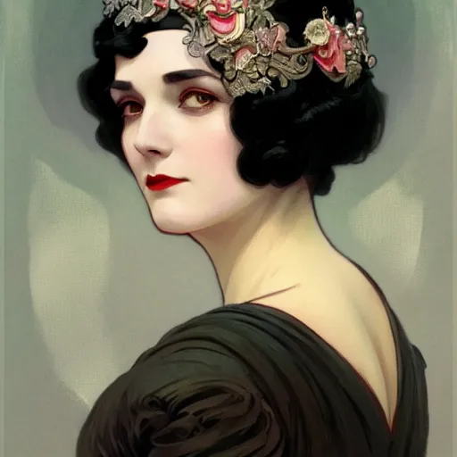 Prompt: a portrait of a woman with black hair, dressed in 1920's fashion, D&D, fantasy, intricate, elegant, highly detailed, digital painting, artstation, concept art, matte, sharp focus, illustration, art by Artgerm and Greg Rutkowski and Alphonse Mucha