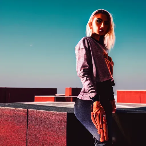 Image similar to photographic portrait of a streetwear woman, closeup, on the rooftop of a futuristic city overlooking a desert oasis, sigma 85mm f/1.4, 4k, depth of field, high resolution, 4k, 8k, hd, full color