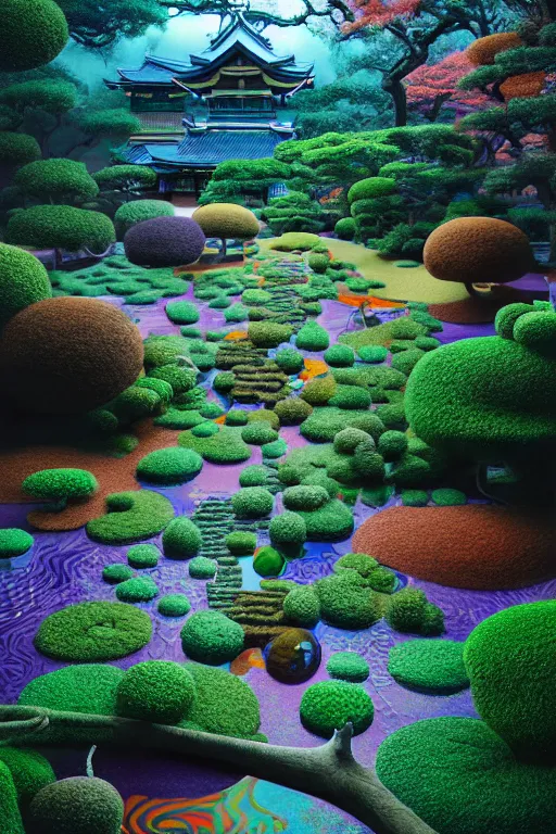 Image similar to japanese psychedelic garden, part by robert beatty, part by james jean, part by ross tran, part by jacek yerka, part by leslie zhang, surreal, highly detailed, beautiful detailed intricate insanely detailed octane render trending on artstation, 8 k artistic photography, photorealistic, volumetric cinematic light, chiaroscuro