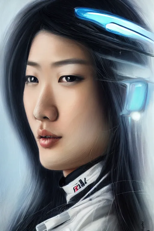 Image similar to portrait beautiful asian female formula one racer, wearing formula one racer uniform, at formula one racing car repair room, ssci-fi, fantasy, intricate, very very beautiful, elegant, human anatomy, neon light, highly detailed, digital painting, artstation, concept art, soft light, smooth, sharp focus, illustration, art by Brook Shaden and tian zi and alphonse mucha