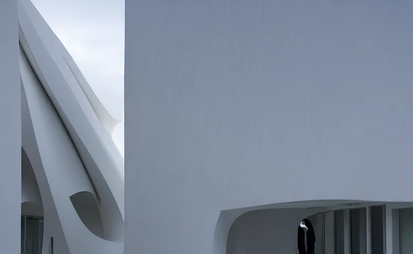 Image similar to exterior painting of a white architecture by zaha hadid and peter zumthor painted by greg ruthkowski, cinematic and atmospheric lighting