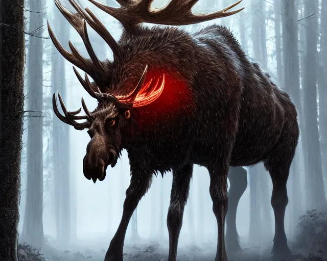 Image similar to 5 5 mm portrait photo of an armored demonic undead rotting moose with red eyes antlers and looking at the camera, in a magical forest. magical atmosphere. art by greg rutkowski and luis royo. highly detailed 8 k. intricate. lifelike. soft light. nikon d 8 5 0.