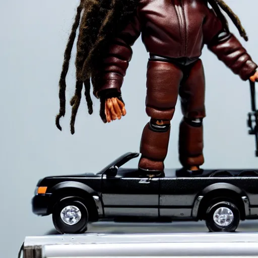 Prompt: black man action figure with dreads standing on top of a black rc pickup truck, close up photograph, white background