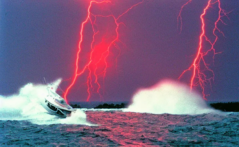 Image similar to small yacht caught in a storm, red lightnings, windwhirl, night, 1995 photo