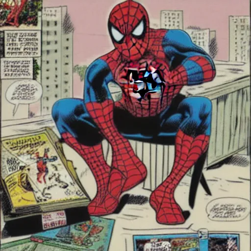 Prompt: A man sitting on a chair Reading a Spiderman comic book