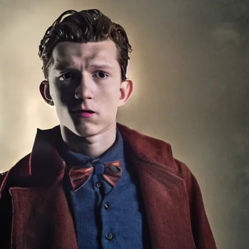 Image similar to tom holland as a rough dirty old man with a scruffy beard in a dark blue trenchcoat as the new doctor who, cinematic, volumetric lighting, f 8 aperture, cinematic eastman 5 3 8 4 film, photorealistic