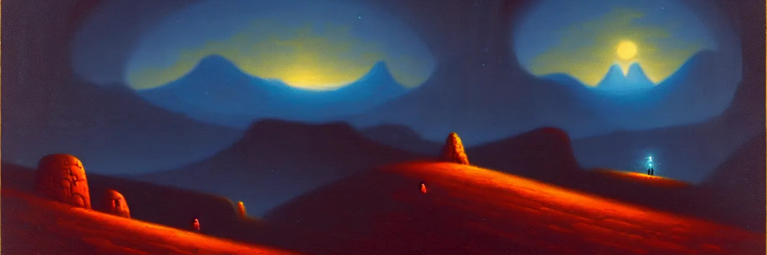 Prompt: cartoon paul lehr narrow night landscape with farawaymountains dark blue tones