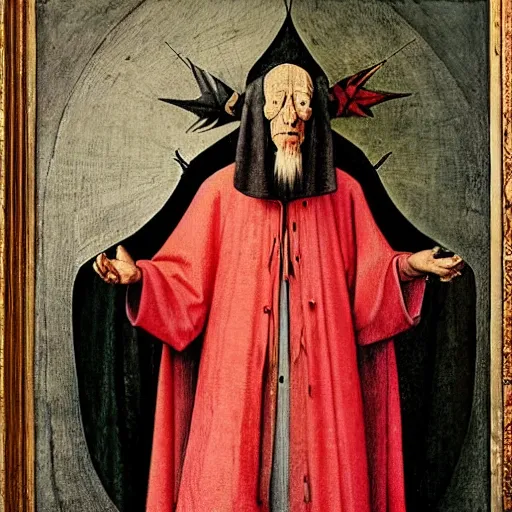 Image similar to portrait of an old skinny wise wizard man in an ancient robe, art by hieronymus bosch