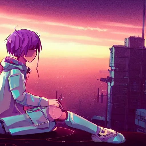 Prompt: android mechanical cyborg anime girl child overlooking overcrowded urban dystopia sitting. Pastel pink clouds baby blue sky. Gigantic future city. Raining. Makoto Shinkai. Wide angle. Distant shot. Purple sunset. Sunset ocean reflection. Pink hair. Pink and white hoodie. Cyberpunk. featured on artstation. robotic wired knee pivot. white sweater.