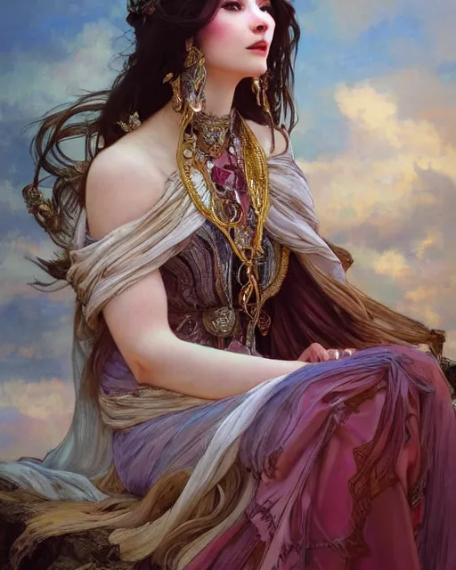 Image similar to a beautiful close up portrait of a sorceress sitting with elegant looks, flowing robe, ornate and flowing, intricate and soft by ruan jia, tom bagshaw, alphonse mucha, krenz cushart, beautiful roman architectural ruins in the background, epic sky, vray render, artstation, deviantart, pinterest, 5 0 0 px models