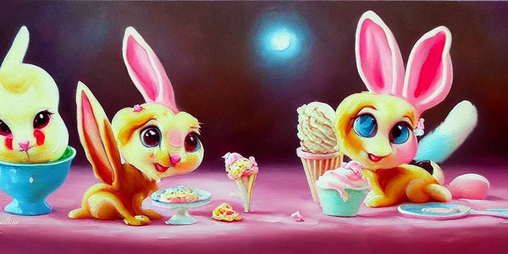 Prompt: ice cream made in the shape of 3 d littlest pet shop rabbit, bunny, realistic, melting, soft painting, desserts with chocolate syrup, toppings, ice cream, forest, master painter and art style of noel coypel, art of emile eisman - semenowsky, art of edouard bisson