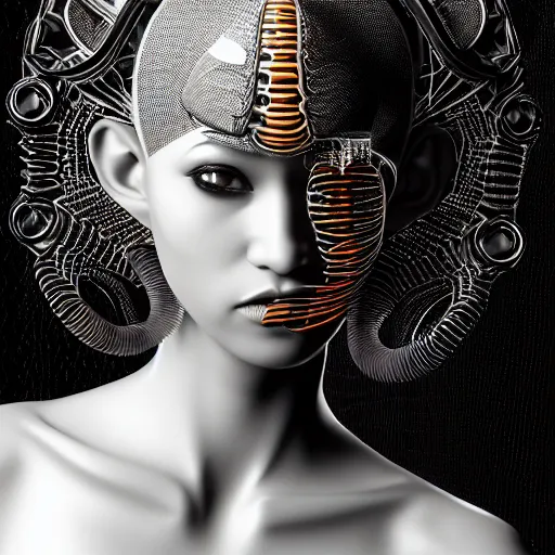 Image similar to portrait of an absurdly beautiful, graceful, sophisticated, fashionable african cyberpunk mechanoid gravure idol, ultrafine hyperdetailed illustration by irakli nadar, matt wisniewski style, marvel comics, intricate linework, black porcelain skin, neon jellyfish headdress, ivory carved ruff, unreal engine 5 highly rendered, global illumination, radiant light, detailed and intricate environment