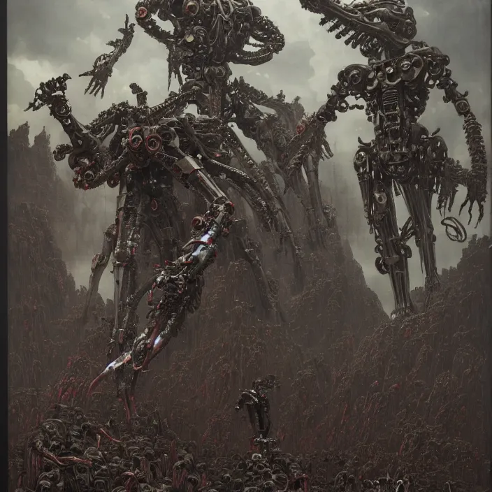 Image similar to still frame from Prometheus by Jakub Rozalski and utagawa kuniyoshi, infinite Hell Scape with gigantic mecha demon and ornate bone cyborgs by Wayne Barlowe by peter Mohrbacher by Giger, dressed by Alexander McQueen and by Neri Oxman, metal couture hate couture editorial