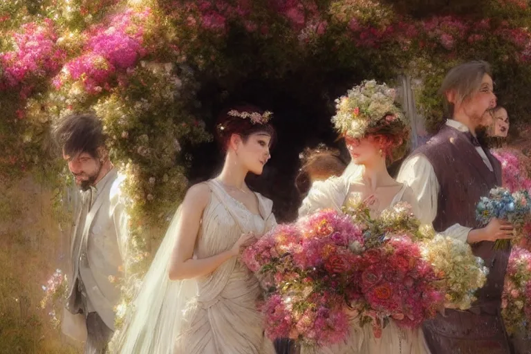 Image similar to the groom look at the bride at a wedding full of flowers, bright and happy, dreamlike art, highly detail, 4 k realistic, wedding photoy krenz cushart, artem demura, yoji shinkawa artgerm, jon lothian, danilo torres. adi meyers. thomas reimann. gaston bussiere.