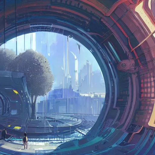 Prompt: circular derelict portal in a middle of a futuristic cityscape, world with trees seen through a portal, daylight, cinematic perspective, cinematic lighting, blue sky, syd mead, john harris