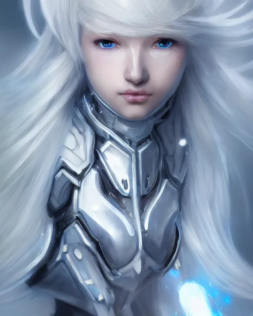 Image similar to perfect white haired girl, warframe armor, beautiful, dreamy, portrait, highly detailed, digital painting, trending on artstation, concept art, sharp focus, illustration, pretty face, blue eyes, scifi platform, front lit, laboratory, experiment, masterpiece, art by masayoshi tanaka, akihiko yoshida, kazuya takahashi