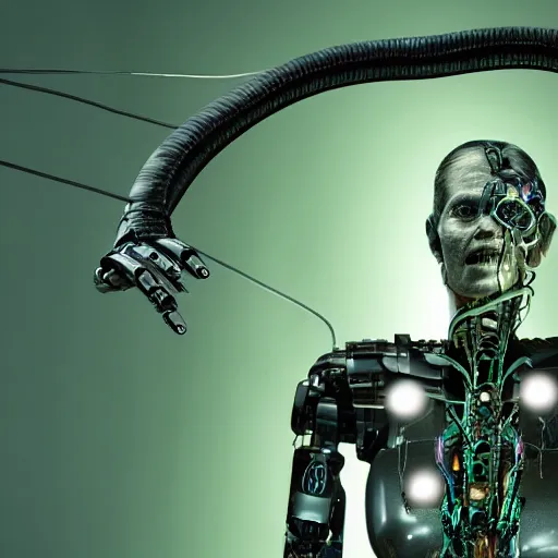 Image similar to the upper torso of a terminator cyborg lady with borg implants, human face and robotic snakes coming out of her head is hanging from cables and wires off the ceiling of a lab. Her bottom half is missing with cables hanging out. She is taking a sip from a cup of coffee. Tiny green led lights in her cybernetics. very detailed 8k. Horror cyberpunk style.
