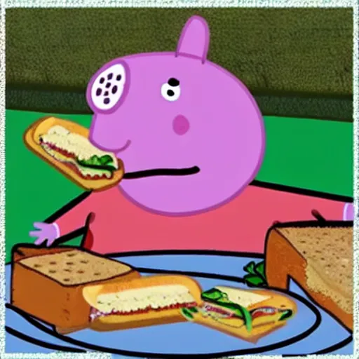 Prompt: Pope Peppa Pig eating a ham sandwich colorized archival footage