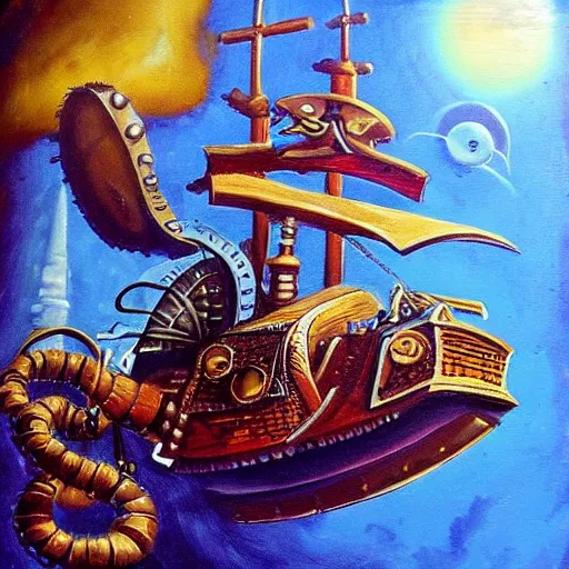 Prompt: A steampunk pirate attacks a spaceship. Oil painting