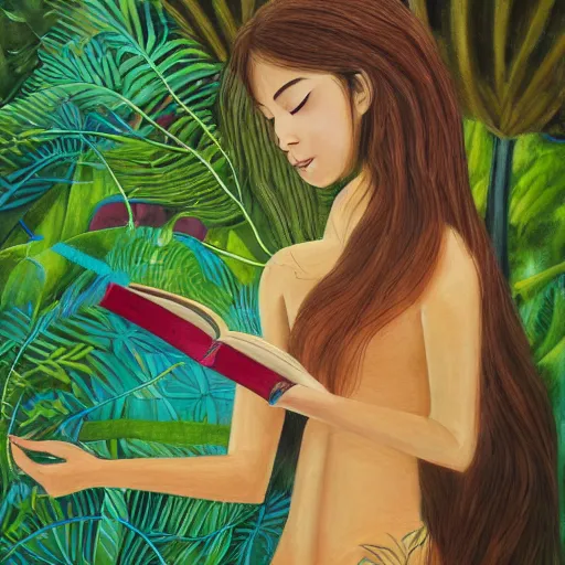 Image similar to a girl in a jungle with book, her hair flowing down, subtle, intricate details, real masterpiece, oil on canvas, by somsak anong