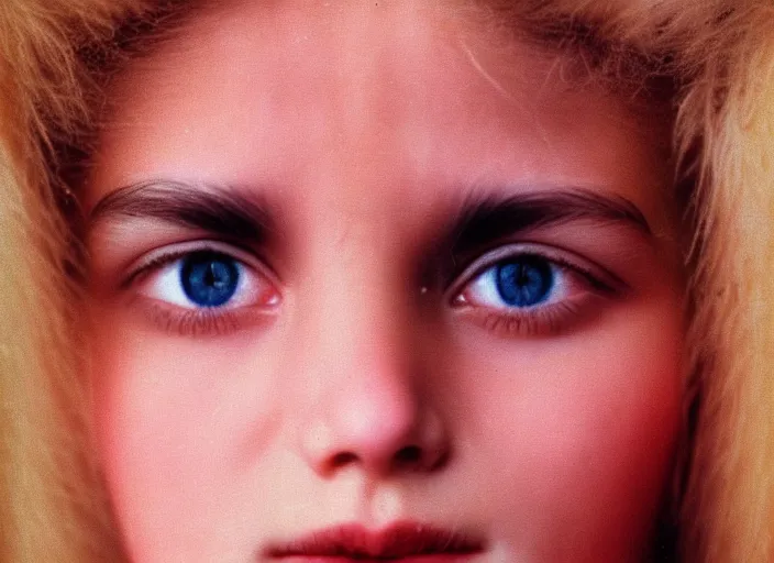 Image similar to realistic photo of a face of very beautiful girl face, symmetrical, skin is made of white fluffy hairs, eyes made of caviar, close up 1 9 9 0, life magazine reportage photo, natural colors