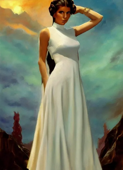 Image similar to oil painting of Princess Leia white ceremony gown by frank frazetta alluring pin up deviant art