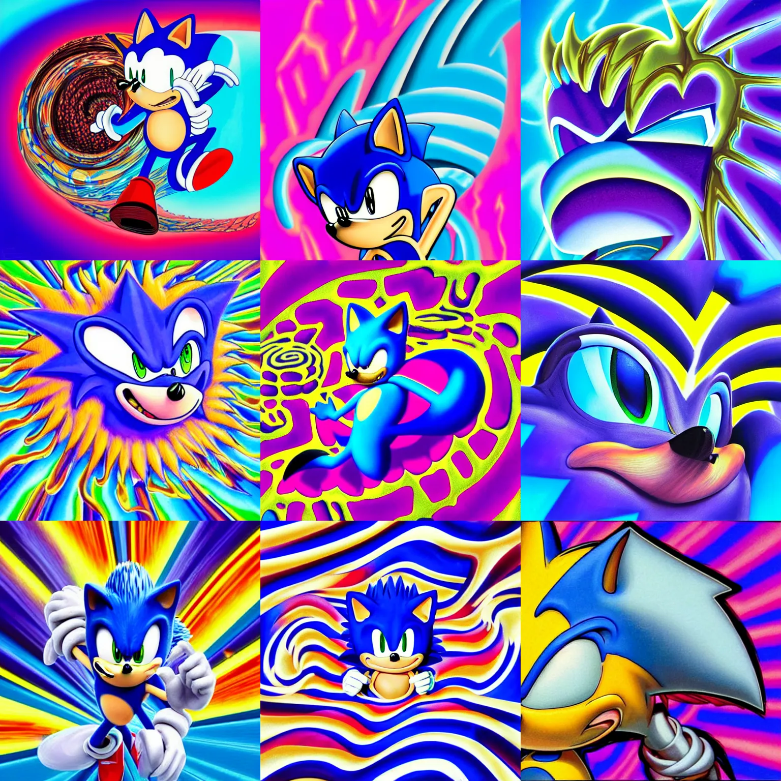 Prompt: surreal sonic hedgehog portrait, sharp, lowbrow, detailed professional, high quality airbrush art MGMT album cover of a liquid dissolving LSD DMT blue sonic the hedgehog surfing through cyberspace, purple checkerboard background, 1990s 1992 acid house techno Sega Genesis video game album cover