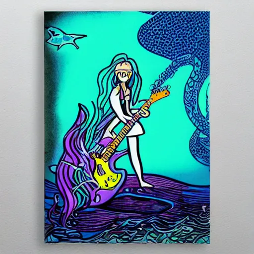 Prompt: illustration of a mermaid playing an stratocaster electric guitar, under the sea, limited colours, poster