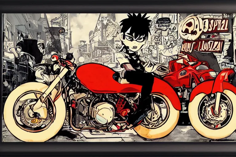 Image similar to italian pizza, akira's motorcycle, gorillaz, poster, kid drawn