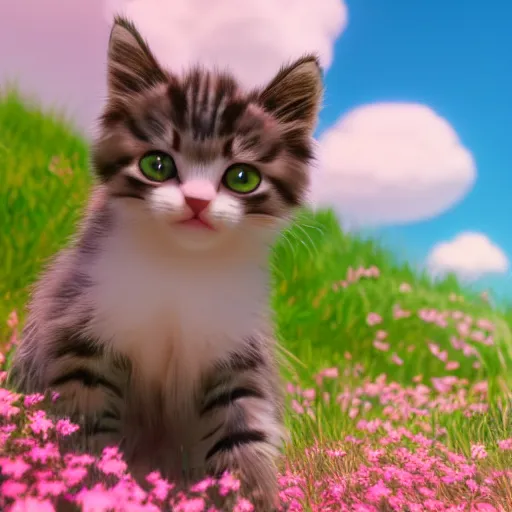Image similar to a wholesome animation key shot of a kitten on a hill, fluffy pink anime clouds, studio ghibli, pixar animation, sharp, rendered in unreal engine 5, anime key art, bloom, dramatic lighting