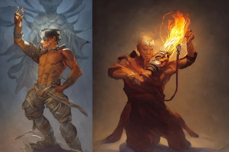 Image similar to a human male asian rogue with energy crackling from his hands, with two ethereal!!! forms next to him, one made of fire, thee other made of ice, fighting monsters, d & d, detailed, digital painting, artstation, concept art, sharp focus, illustration, cinematic lighting, art by artgerm and greg rutkowski and alphonse mucha