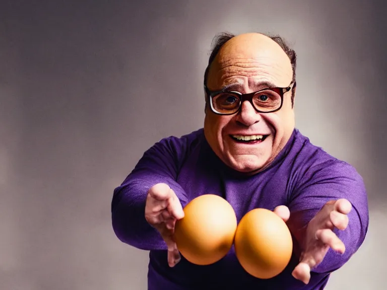 Image similar to danny devito as thanos, holding up an egg, cinematic, anamorphic, dramatic, 4 0 mm f / 2. 8