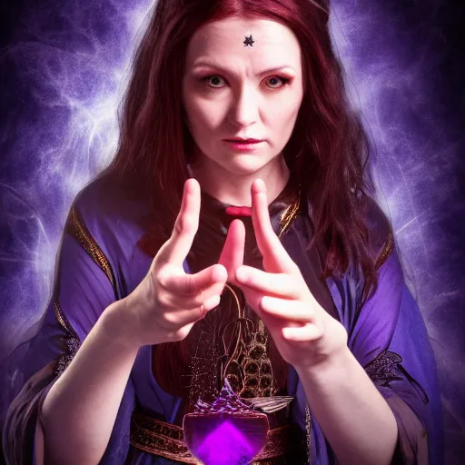 Image similar to portrait of a female warlock casting a magic spell, blueish aura by her side, mystic, fantasy, magic, award winning photography, hdr, studio lighting medium close shot, mucha style,