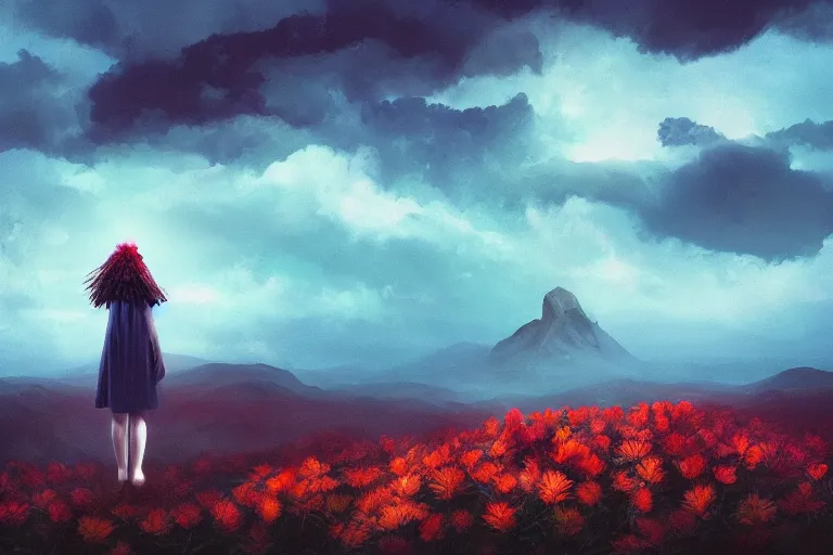 Image similar to closeup giant dahlia flower as head, girl standing on mountain, surreal photography, blue storm clouds, dramatic light, impressionist painting, digital painting, artstation, simon stalenhag