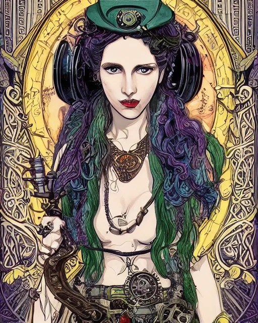 Image similar to a detailed portrait illustration of a steampunk wizard. beautiful female. art nouveau, pop art, comic book style. influenced by neil gaiman, h. p. lovecraft, dan mumford, brian froud, vadim voitekhovitch, killian eng.